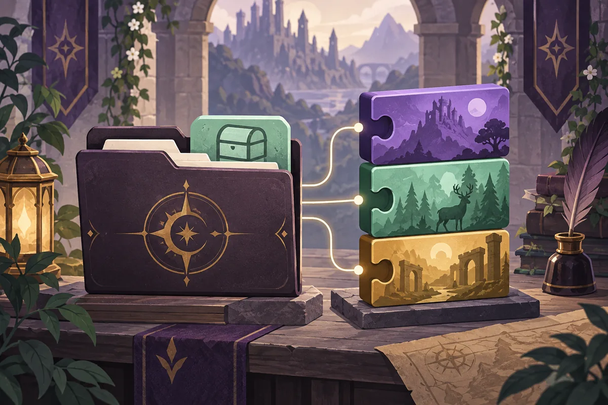 Editorial illustration of a Dusklight mod manager organizing three compatible mod bundles beside a backed-up data folder